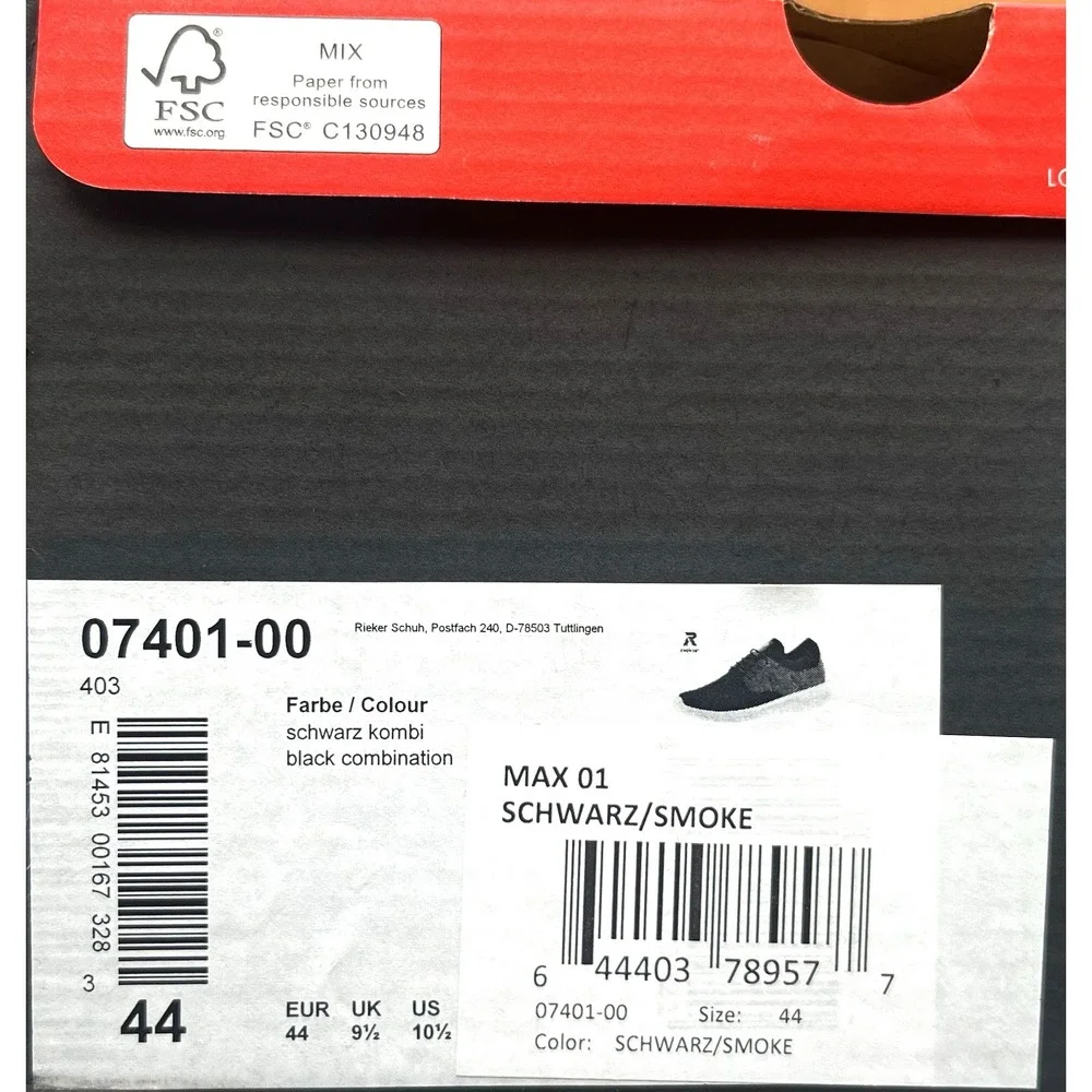 Rieker Men's Max Casual Sporty Shoes Size 10.5 (EU 44) Black/Grey Knit Slip-on